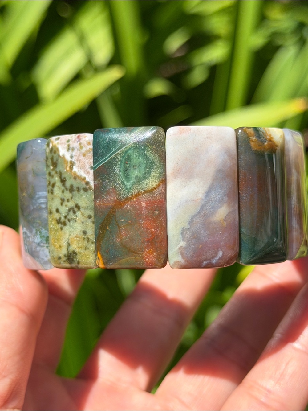 Wide Natural Multi-Color Ocean Jasper Stretch Bracelet Soft Bangle 2033